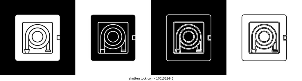 Set Fire Hose Cabinet Icon Isolated On Black And White Background.  Vector Illustration