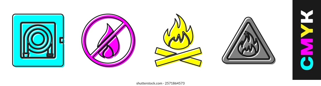 Set Fire hose cabinet, No fire, Campfire and Fire flame in triangle icon. Vector