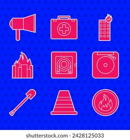 Set Fire hose cabinet, Traffic cone, flame, Ringing alarm bell, shovel, burning buildings,  and Megaphone icon. Vector