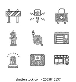 Set Fire hose reel, alarm system, truck, Building of fire station, Ringing bell, hydrant, First aid kit and Road barrier icon. Vector