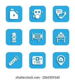 Set Fire hose reel, alarm system, Location with fire flame, Firefighter helmet, Flashlight, hydrant, Telephone call 911 and Canister fuel icon. Vector