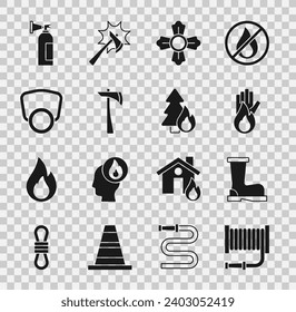 Set Fire hose reel, boots, No fire, Firefighter, axe, Gas mask, extinguisher and Burning forest tree icon. Vector