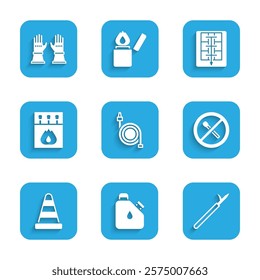 Set Fire hose reel, Canister fuel, Metal pike pole, No fire match, Traffic cone, Matchbox and matches, Evacuation plan and Firefighter gloves icon. Vector