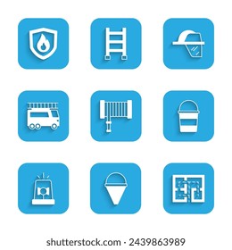 Set Fire hose reel, cone bucket, Evacuation plan, Flasher siren, truck, Firefighter helmet and protection shield icon. Vector