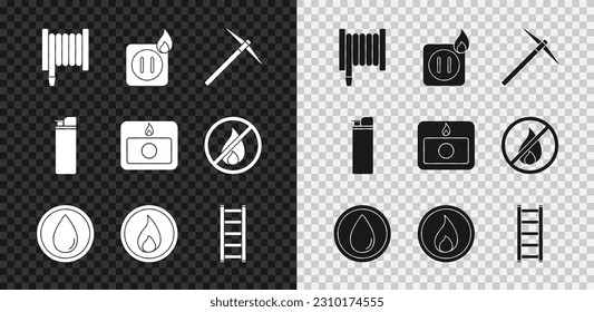 Set Fire hose reel, Electric wiring of socket in fire, Pickaxe, Water drop, flame, escape, Lighter and alarm system icon. Vector