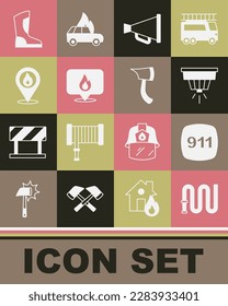 Set Fire hose reel, Emergency call 911, Smoke alarm system, Megaphone, Location with fire flame, boots and Firefighter axe icon. Vector
