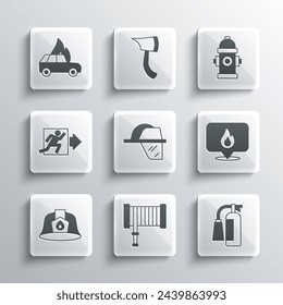 Set Fire hose reel, extinguisher, Location with fire flame, Firefighter helmet, exit, Burning car and hydrant icon. Vector