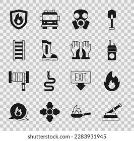 Set Fire hose reel, flame, Walkie talkie, Gas mask, boots, escape, protection shield and Firefighter gloves icon. Vector
