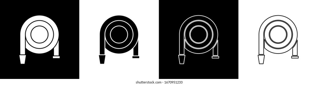 Set Fire hose reel icon isolated on black and white background.  Vector Illustration