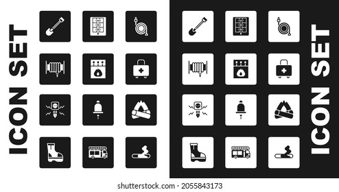 Set Fire hose reel, Matchbox and matches, shovel, First aid kit, Evacuation plan, Campfire and Electricity spark icon. Vector