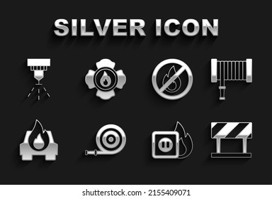 Set Fire hose reel, Road barrier, Electric wiring of socket in fire, Burning car, No, sprinkler system and Firefighter icon. Vector