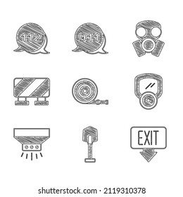 Set Fire hose reel, shovel, exit, Gas mask, sprinkler system, Road barrier,  and Emergency call icon. Vector