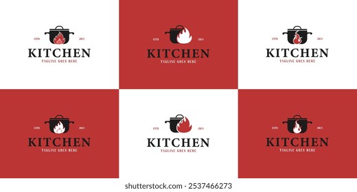 Set of fire with hot pot icon food logo design vector illustration