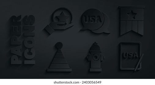 Set Fire hydrant, American flag, Party hat, USA on graphic tablet, label and Independence day icon. Vector