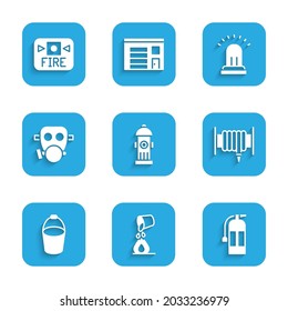 Set Fire hydrant, Bucket extinguishing fire, extinguisher, hose reel, bucket, Gas mask, Ringing alarm bell and system icon. Vector