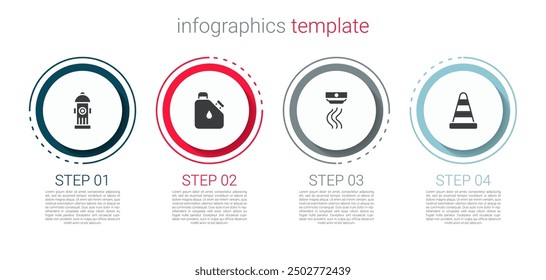 Set Fire hydrant, Canister fuel, Smoke alarm system and Traffic cone. Business infographic template. Vector