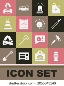 Set Fire hydrant, Firefighter axe, Metal pike pole, Ringing alarm bell, Evacuation plan, Traffic cone,  and  icon. Vector