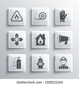 Set Fire hydrant, Firefighter, Megaphone, in burning house, extinguisher, flame triangle and gloves icon. Vector