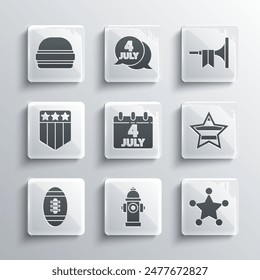 Set Fire hydrant, Hexagram sheriff, USA Independence day, Calendar with date July 4, American Football ball, Shield stars, Burger and Trumpet icon. Vector