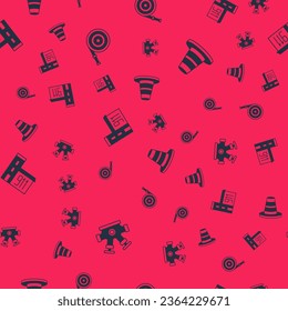 Set Fire hydrant, hose reel, Building of fire station and Traffic cone on seamless pattern. Vector