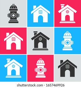 Set Fire hydrant, House and House icon. Vector