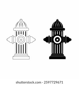 set of fire hydrant icons in black and white. Perfect for emergency services, firefighting themes, safety signage, urban infrastructure, and vector illustrations