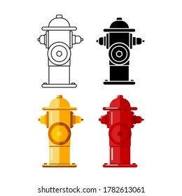Set of fire hydrant icons, isolated on white background. Used by firefighters for extinguishing flames. Metal water pipe with nozzles for hose. Vector stock illustration.
