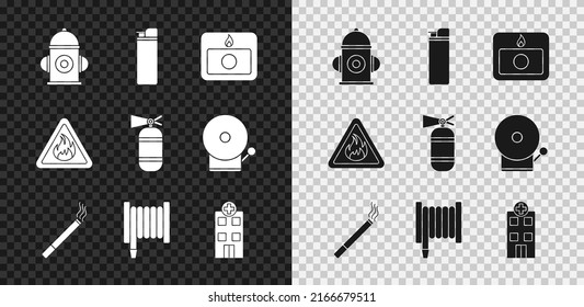 Set Fire hydrant, Lighter, alarm system, Cigarette, hose reel, Medical hospital building, flame triangle and extinguisher icon. Vector