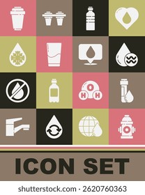 Set Fire hydrant, Test tube with water drop, Recycle clean aqua, Bottle of, Glass, Defrosting, Water filter cartridge and location icon. Vector