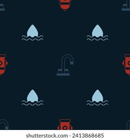 Set Fire hydrant, Water tap and drop on seamless pattern. Vector