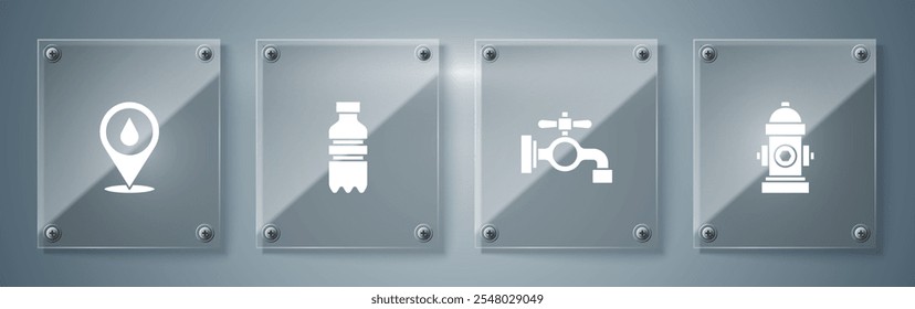 Set Fire hydrant, Water tap, Bottle of water and drop with location. Square glass panels. Vector