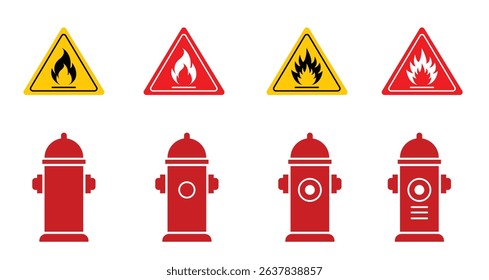 
Set of Fire Hydrants with Safety Warning Signs – Urban Safety Equipment and Caution Signage.

