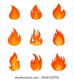 Set of fire icons. Flame design of different shapes. Simple vector flame icons in flat style.