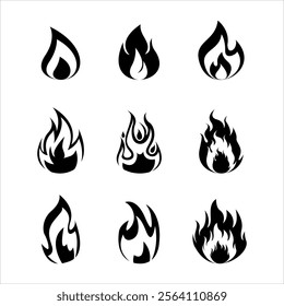Set of fire icons. Flame design of different shapes. Simple vector flame icons in flat style.