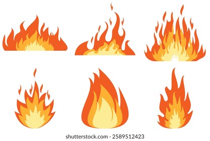Set of fire icons. Flame design of different shapes.  flames flat set .Simple vector flame icons in flat style of vector illustration