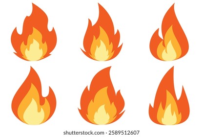 Set of fire icons. Flame design of different shapes.  flames flat set .Simple vector flame icons in flat style of vector illustration