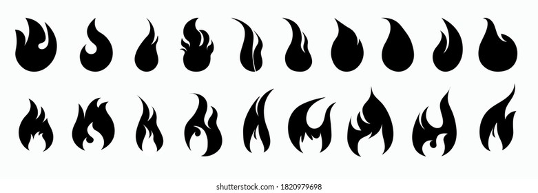 Set of fire icons, heat, flames, flash, vector illustration on a white background