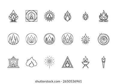 Set Fire Icons in Outline Style Depicting Flames, Campfires, Fireplaces, Torches