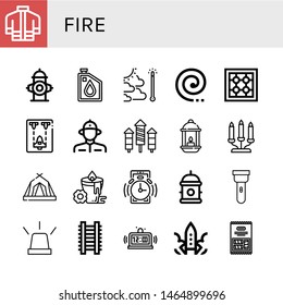 Set of fire icons such as Firefighter uniform, Fire hydrant, Oil, Global warming, Mosquito coil, Stove, Spaceship, Firefighter, Rocket, Lantern, Candelabra, Tent, Candle , fire