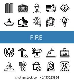 Set of fire icons such as Marshmallow, Candle, Coal, Fire, Rocket, Fire hose, truck, Hose, Mantle, Torch, Juggling, Mining, Lighter, House on Candles, Troglodyte ,