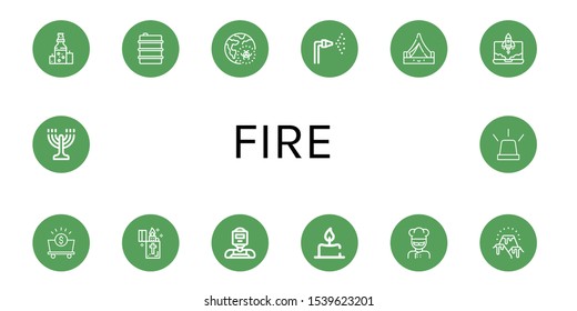 Set of fire icons. Such as Oil, Global warming, Fire hose, Tent, Rocket, Mine, Lighter, Welder, Candle, Cook, Lava, Menorah, Emergency , fire icons