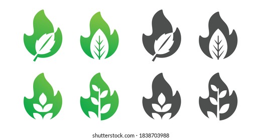 set of fire and leaf negative space logo design
