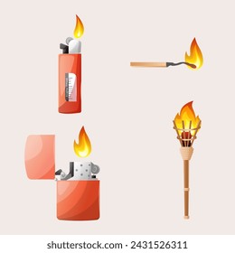 Set of fire, lighter, torch and match. gas lighter with a burning flame