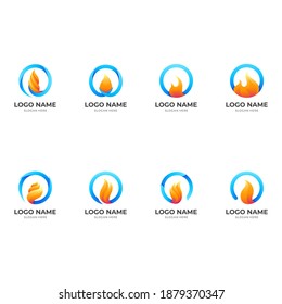 set fire logo, fire and circle, combination logo with 3d blue and yellow color style