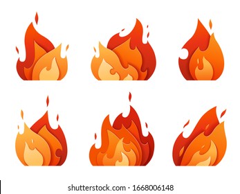 Set of fire logos carved out of paper. Bright flame from different layers. Icons of a burning fire