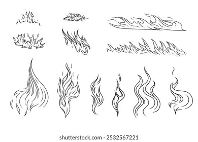 Set of fire outlines, hand-drawn vector graphics for fireplace, grill, packaging, etc.