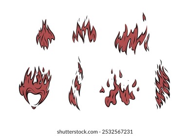 Set of fire outlines, hand-drawn vector graphics for fireplace, grill, packaging, etc.