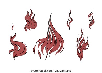 Set of fire outlines, hand-drawn vector graphics for fireplace, grill, packaging, etc.