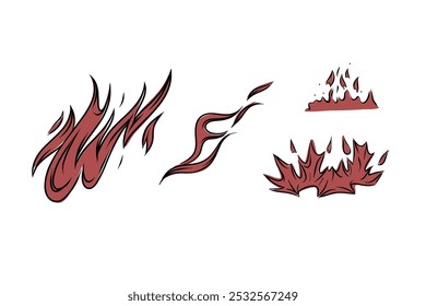 Set of fire outlines, hand-drawn vector graphics for fireplace, grill, packaging, etc.