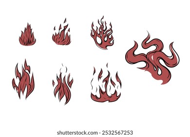Set of fire outlines, hand-drawn vector graphics for fireplace, grill, packaging, etc.
